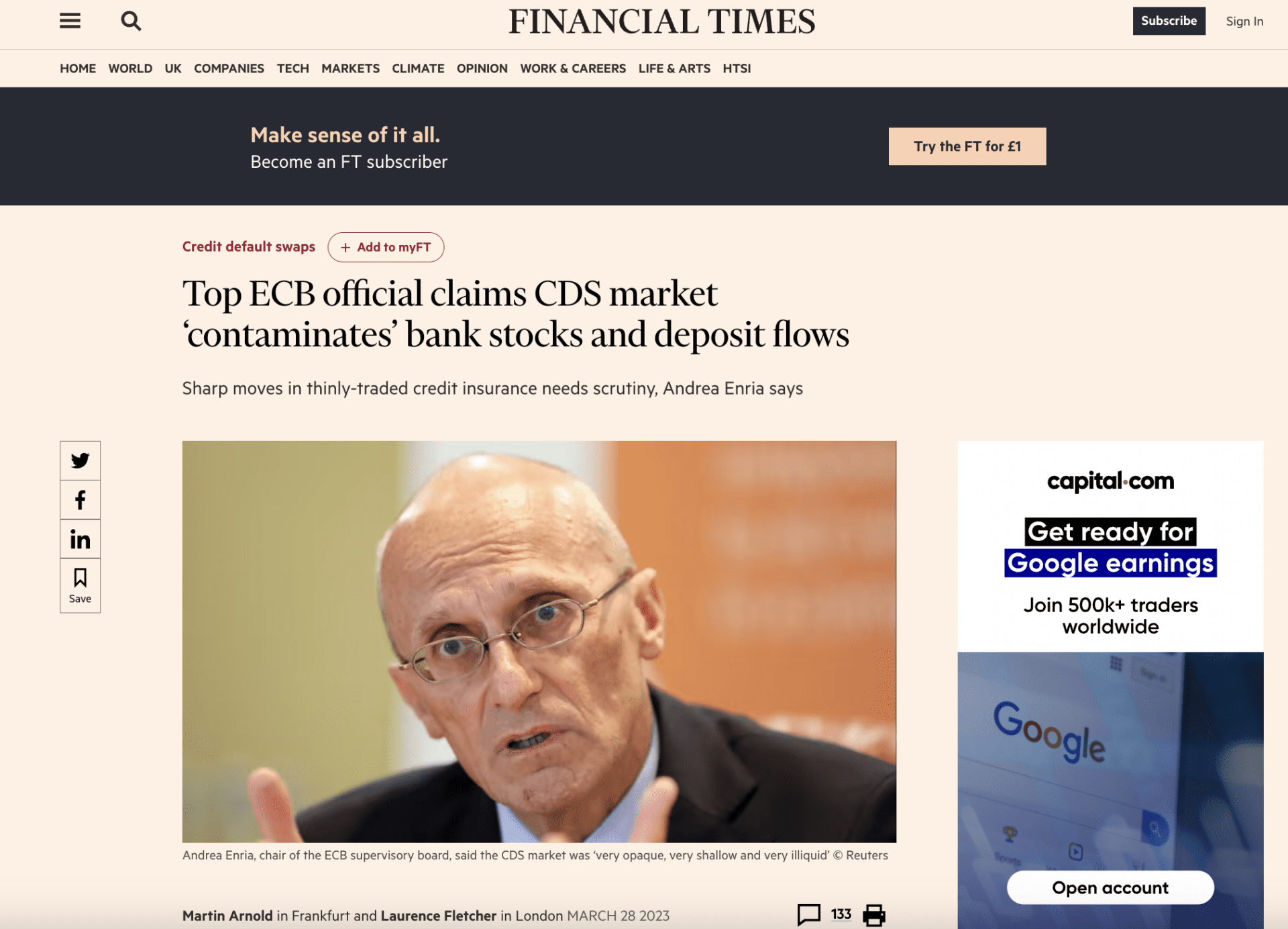 Financial Times: ‘Top ECB official claims CDS market “contaminates” bank stocks and deposit flows’