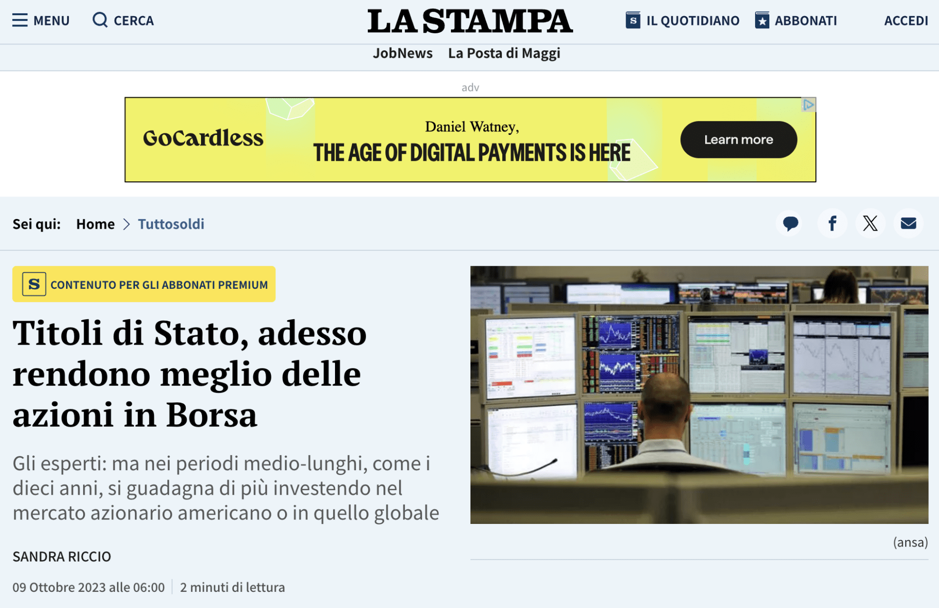 9 October 2023: Tuttosoldi, La Stampa, ‘Titoli di Stato, adesso rendono meglio delle azioni in Borsa’