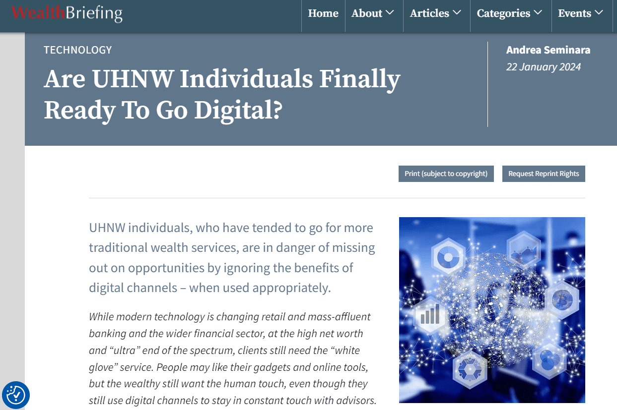 22 January 2024: WealthBriefing, ‘Are UHNW Individuals Finally Ready To Go Digital?’