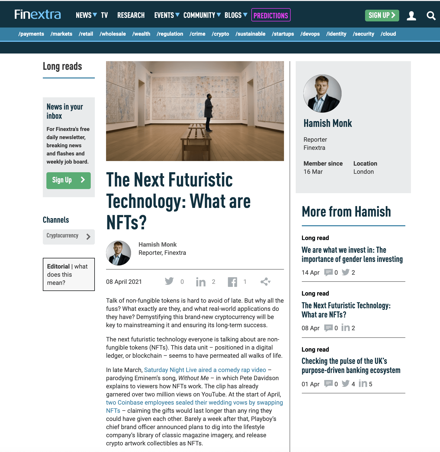 Finextra Interview with Redhedge and London Trade Art: ‘The Next Futuristic Technology: What are NFTs?’
