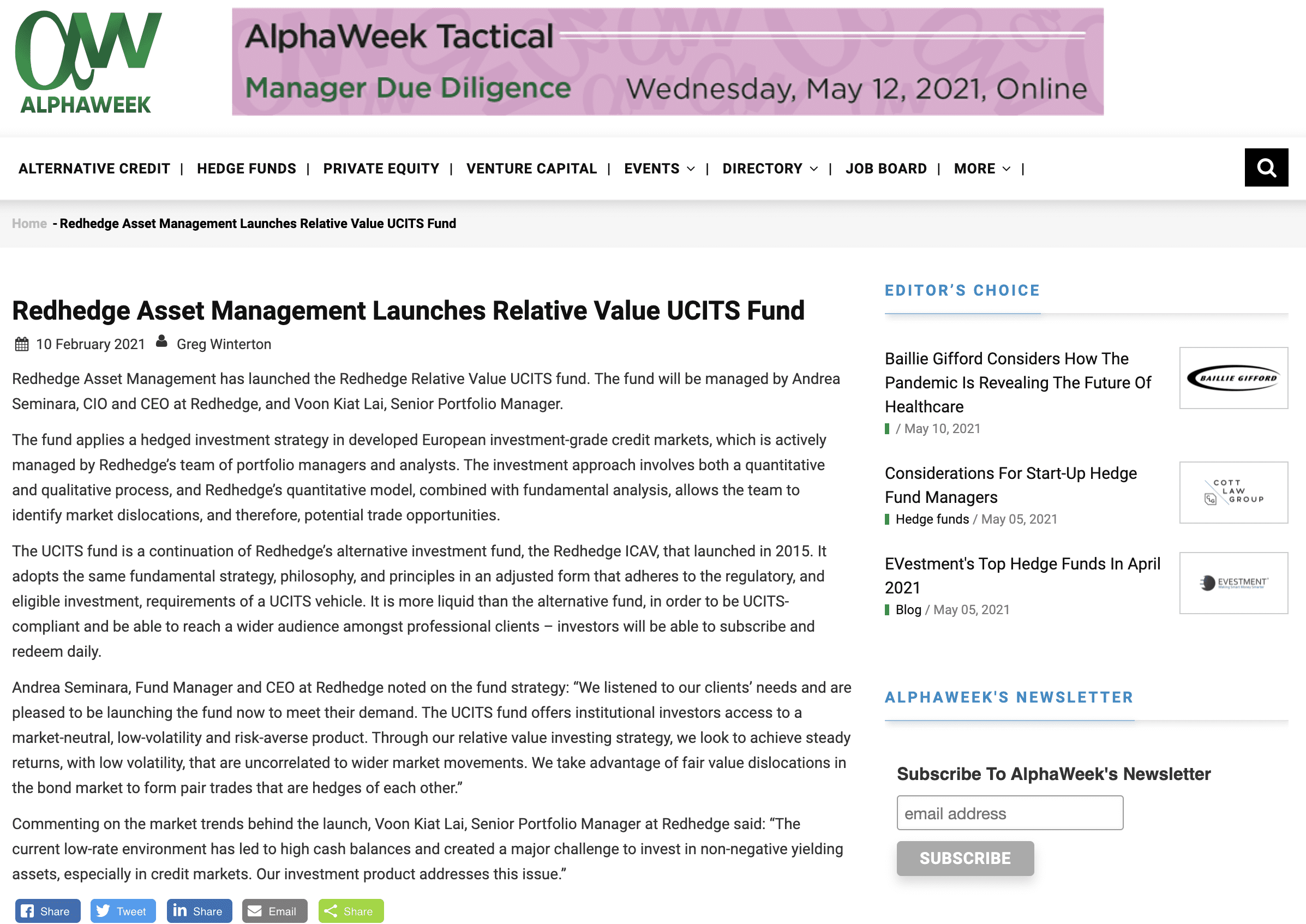 AlphaWeek: ‘Redhedge Asset Management Launches Relative Value UCITS Fund’