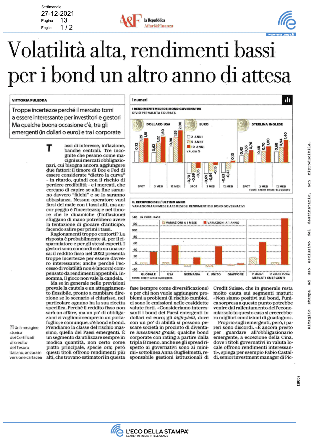 La Repubblica, Affari&Finanza: ‘Volatilità alta, rendimenti bassi per i bond un altro anno di attesa’, Includes Comment by Redhedge CEO, Andrea Seminara
